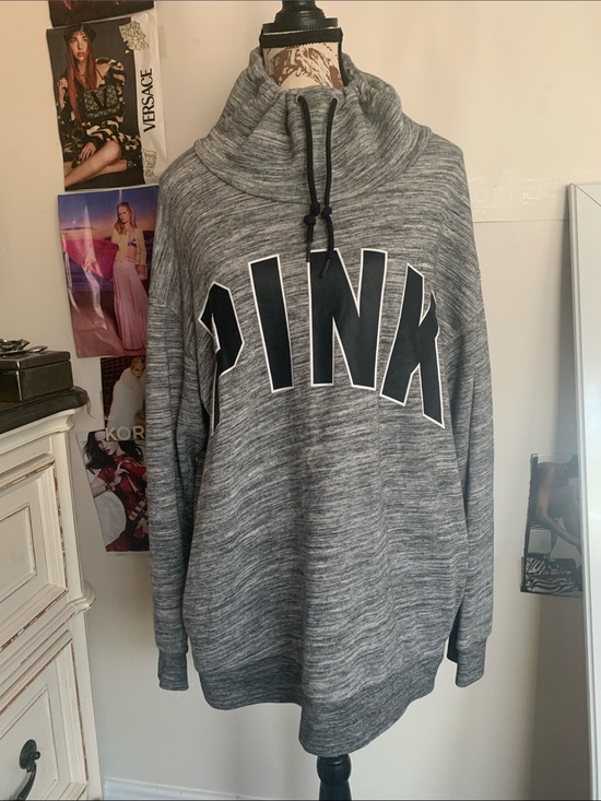 PINK Victoria's Secret Tops - PINK Victoria's Secret Gray Funnel Neck Hoodie with Black Logo